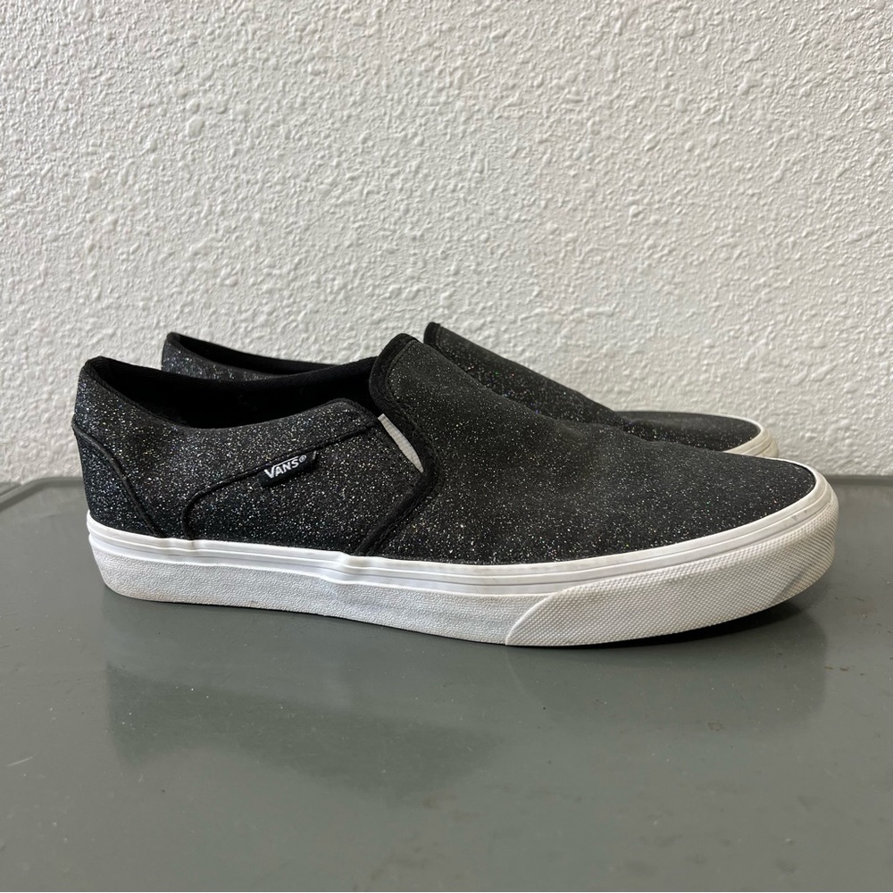 VANS Black Sparkle Slip On Shoes Size 10 Skate Canvas Y2K Streetwear Sneakers